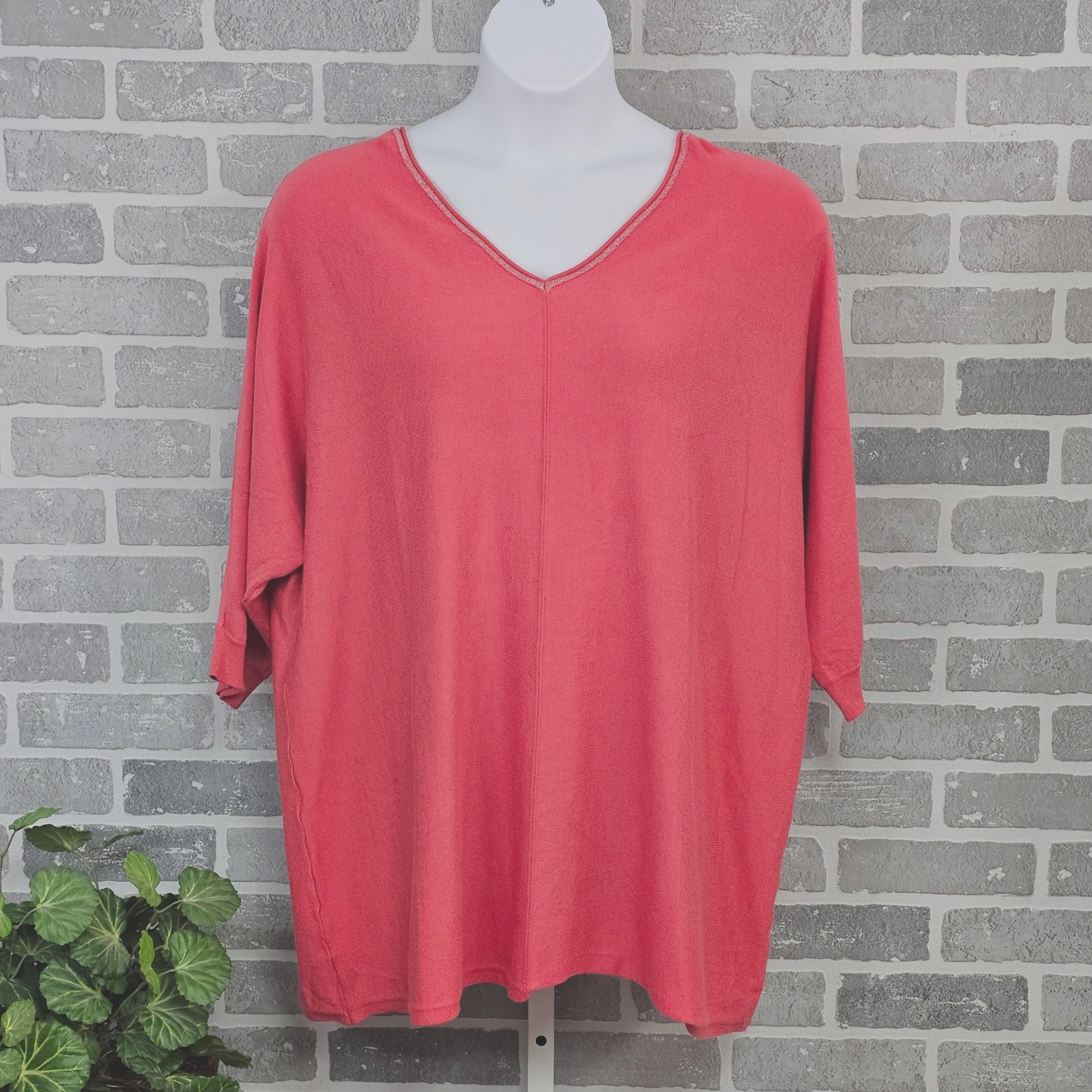 Cj Banks Womens 3x Coral V Neck 3/4 Sleeve Knit Top Lightweight Pullover Sweater